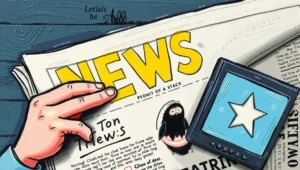 Cartoon of a person wearing a helmet and protective gear while reading the news.