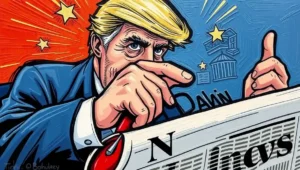 Overwhelmed person surrounded by swirling headlines and buzzing phone notifications.