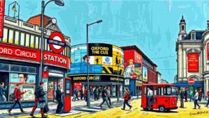 The iconic, tiled entrance to Oxford Circus Underground station with crowds streaming in and out.