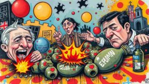 Train delay sign: 'Cancelled due to wartime leftovers.'