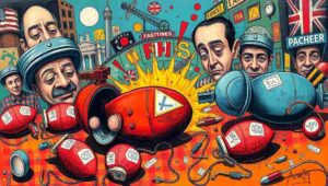 Cartoon of bomb disposal experts with cups of tea near unexploded ordnance.