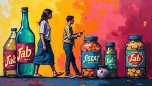 Satirical supermarket aisle labeled 'Drug-Compatible Foods' with smiling syringe models.