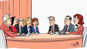 Satirical illustration of a BBC panel where all members point accusingly at a smartphone.