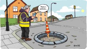 Political cartoon showing ministers ignoring potholes while announcing shiny new transport projects.
