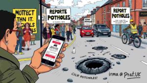 Flowchart showing pothole report path: citizen → app → void → automated 'thank you' email.