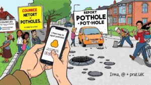 Split image: shiny app interface on left, crumbling road surface on right.