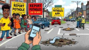 Satirical engineering diagram labeling pothole layers: asphalt, despair, void, ducks.