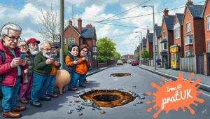 Cartoon of a council worker drowning in paper reports while a giant pothole grows outside.