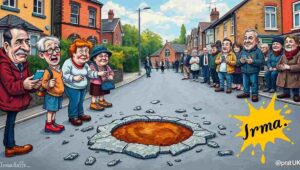 Infographic showing £12 billion pothole repair backlog versus shrinking council budgets.