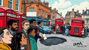 Conceptual image of a massive pothole swallowing a car, labeled 'geographical feature.'