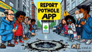 Satirical smartphone screenshot showing a pothole reporting app with endless loading animation.