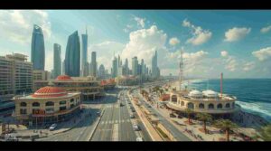 Satirical concept art showing Gaza beachfront transformed into a luxury Mediterranean resort.