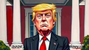 Satirical cartoon of Trump holding a 'For Sale' sign pointing at a map of Greenland while Europe watches.