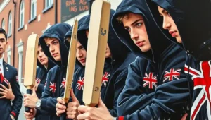 Proud Boys UK Crash Documentary Screening. (3) Royal documentary playing on a screen in a crowded community hall meeting.