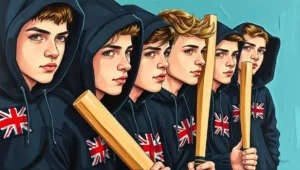 Proud Boys UK Crash Documentary Screening. (4) Group of protesters in a community hall arguing with an elderly historian at a screening.