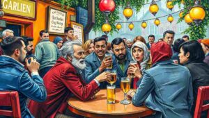 Two groups of people engaged in a tense, polite standoff over a single pub garden table.