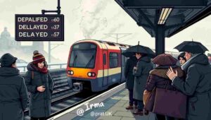 A frustrated commuter looking at a train departure board showing delays, UK rail humour