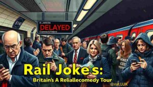 Train guard smiling while making an announcement, British rail comedy