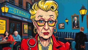 A lively, diverse crowd enjoying a drag performance inside the historic Royal Vauxhall Tavern.