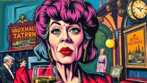 A legendary drag queen in full costume performing on the intimate stage of the Royal Vauxhall Tavern.