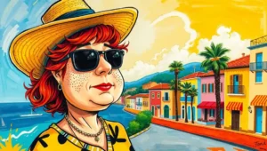 Sarah Ferguson Moves to Portugal Escaping Brexit Debate Satirical illustration: Sarah Ferguson leaving UK in a car with a 'Brexit Exit' bumper sticker.