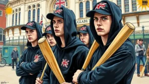 Shakespearean actors performing 'Henry V' on the Globe Theatre stage.