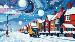 A UK street scene with light snowfall causing minimal disruption.