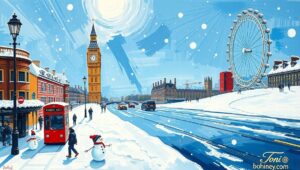 A cartoon personification of Storm Goretti dramatically throwing snow at the UK, as described in the article's introduction.