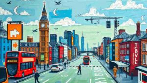 A modern Tech City London co-working space interior A trendy co-working space in Shoreditch with exposed brick, laptops, and startup founders brainstorming.