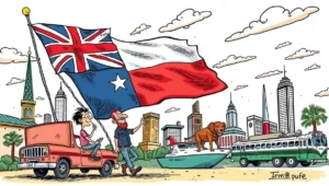 Cartoon of Prince Andrew serving beans at a campfire under a vast Texas sky.