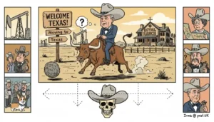 Satirical photomontage of Prince Andrew wearing a cowboy hat on a Texas ranch.