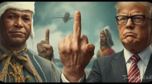 The Diplomatic Middle Finger (3) Illustration of a Greenlandic flag with a hand rejecting a 'For Sale' sign.