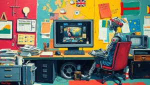 Satirical illustration of a robotic arm writing a left-wing newspaper headline on Fleet Street.