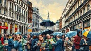 View down The Strand in London towards the dome of St. Paul's Cathedral in the distance.