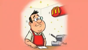 Split image contrasting Tim Walz's political career with his new McDonald's role, illustrating the career pivot.