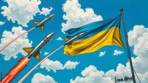 An illustration of hypersonic missiles on standby as world leaders debate.