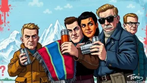 Satirical cartoon: Donald Trump pointing at Greenland on a globe while holding a thermos.