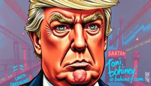 Illustration showing Denmark politely declining a US offer to purchase Greenland.