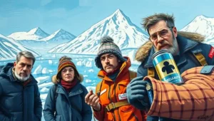 Cartoon of a confused Pentagon official looking at Arctic strategy slides featuring blankets.