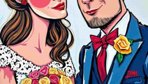 Cartoon of a husband and wife arguing over TV remote control with stubborn expressions.