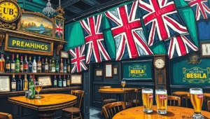 A cozy pub interior with patrons engaged in lively conversation.