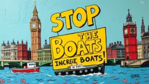 UK's Stop the Boats Campaign Successfully Increases Boats (5) Satirical political cartoon: A sinking boat labeled 'UK Policy' with a person bailing water using a sieve.