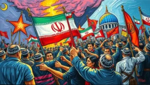 Satirical cartoon of Iran's Foreign Minister pointing at a shadowy Trump figure while protesters stand behind him.