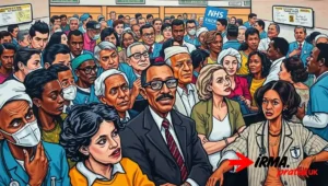 Crowded NHS waiting room with patients of various ages waiting anxiously.