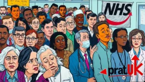 Frustrated patient in a medical waiting area checking their watch repeatedly.