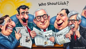 Satirical chart showing a few billionaire silhouettes controlling major UK newspaper mastheads.