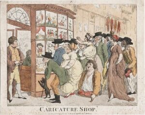 London caricature shop scene showing crowds viewing satirical prints in the early nineteenth century