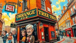 Group of regulars sharing final drinks at The Orange Tree bar before closure