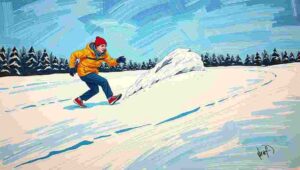 A fictional Adidas advertisement absurdly marketing running shoes for winter athletics.