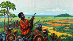 Historical document with colonial symbols overlaid with modern corporate jargon like 'customer service'.